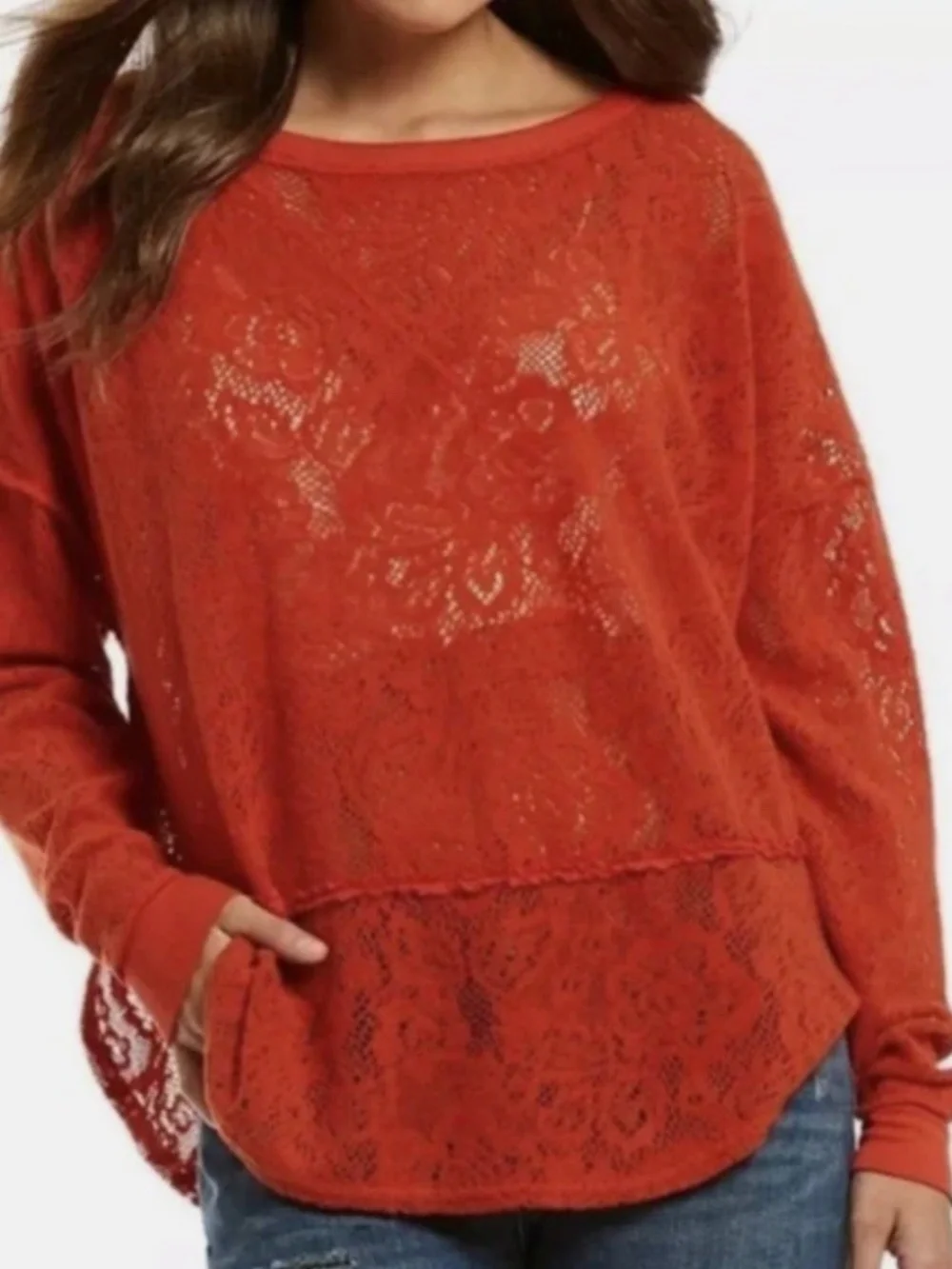 FREE PEOPLE Not Cold In This Lace Top size Small orange oversize lacy sweatshirt